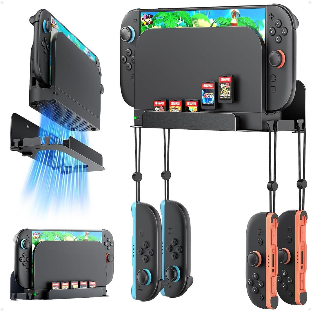 4 x [Switch 2/1/OLED Compatible] Auarte Metal Wall Mount for Nintendo Switch 2 Console 2025, Switch 2 Accessories Organizer Shelf Base Kit Behind TV with 5 Card Slots and 4 Joy-con Hanger, Carbon Black