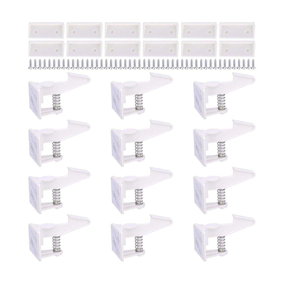 Cabinet Locks Child Safety Latches - OKEFAN 12 Pack Baby Proofing Cabinets Drawer Lock Adhesive Latch for Kids Proof Drawers No Drilling Tools Needed (White)