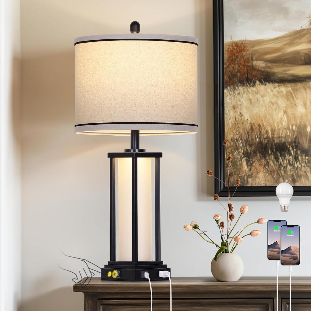27" Tall Vintage Table Lamp with USB C+A & Outlet,Black Industrial End Table Lamp for Living Room,Farmhouse Rustic Bedside Lamp with Frosted Glass Night Light for Bedroom Nightstand,Black-1P