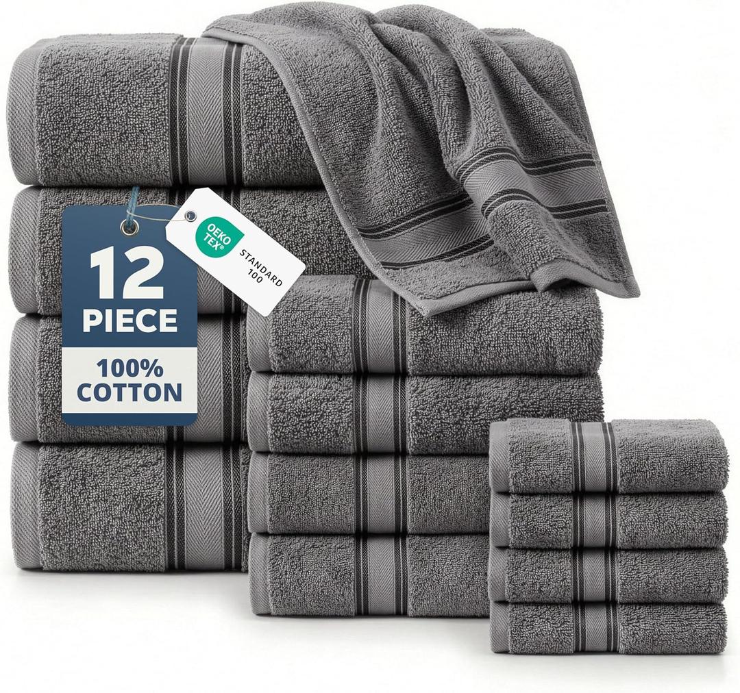 LANE LINEN Bath Towel Set of 12  Premium 100% Cotton Towels for Bathroom, 4 Bath, 4 Hand & 4 Washcloth, Zero Twist, Hotel Collection Towels, Gentle on Body, Absorbent & Ideal for Everyday Use  Grey