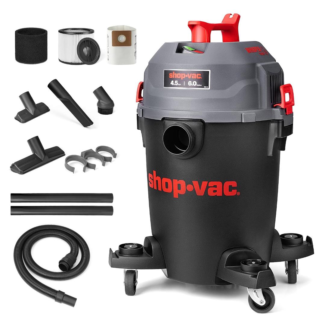 Shop-Vac 6 Gallon Ultra Quiet Shop Vacuum Wet and Dry, 4.5HP Powerful Suction Wet/Dry Vacuum with Attachments, 1-7/8 in. x 7 Ft Hose, 15 Ft Cord, Ideal for Jobsite, Garage, Workshop & Home, 5430541