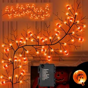 6 FT 54 LED Halloween Willow Vine Twig Garland with Timer & 8 Modes Orange Lights &18Pumpkin,Battery Operated Halloween Garland for Mantel Table Wall Indoor Decorations