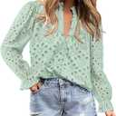 PRETTYGARDEN Women's Dressy Casual Blouse Tops Fall Spring Puff Long Sleeve Button V Neck Hollow Out Lace Embroidered Shirts (S)