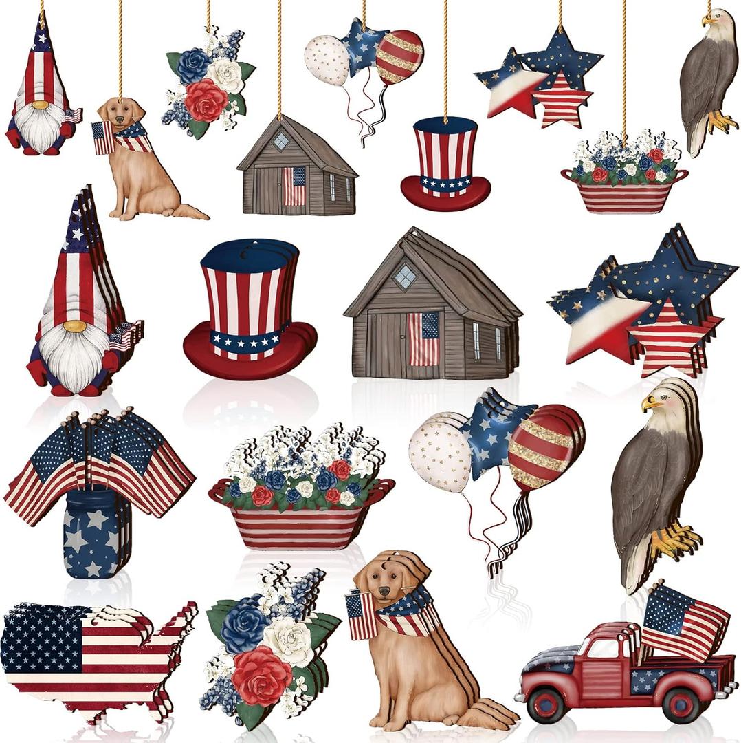 Karenhi 36 Pcs 4th of July Patriotic Ornaments Memorial Day Tree Decorations Red White Blue America Wooden Ornament Star Gnome Wood Cutout 250th Anniversary Decor for Tree Home Wreath Crafts(Vintage)