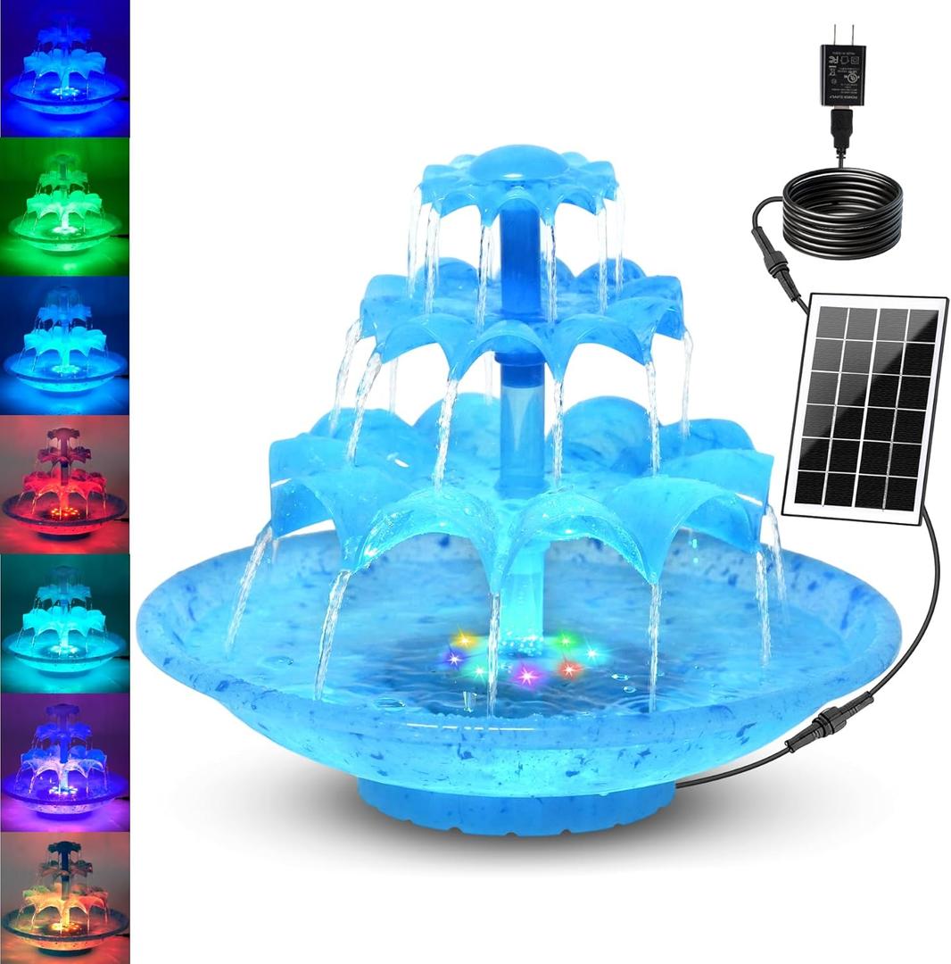 3.5W Solar Fountain Pump for Bird Bath, 3-Tier Blue Solar Water Pump with 8 LED Lights, 32.8FT Power Cord and Adapter Included, Dual-Powered for 24/7 Use for Garden, Pond, Pool, Fish Tank and Lawn