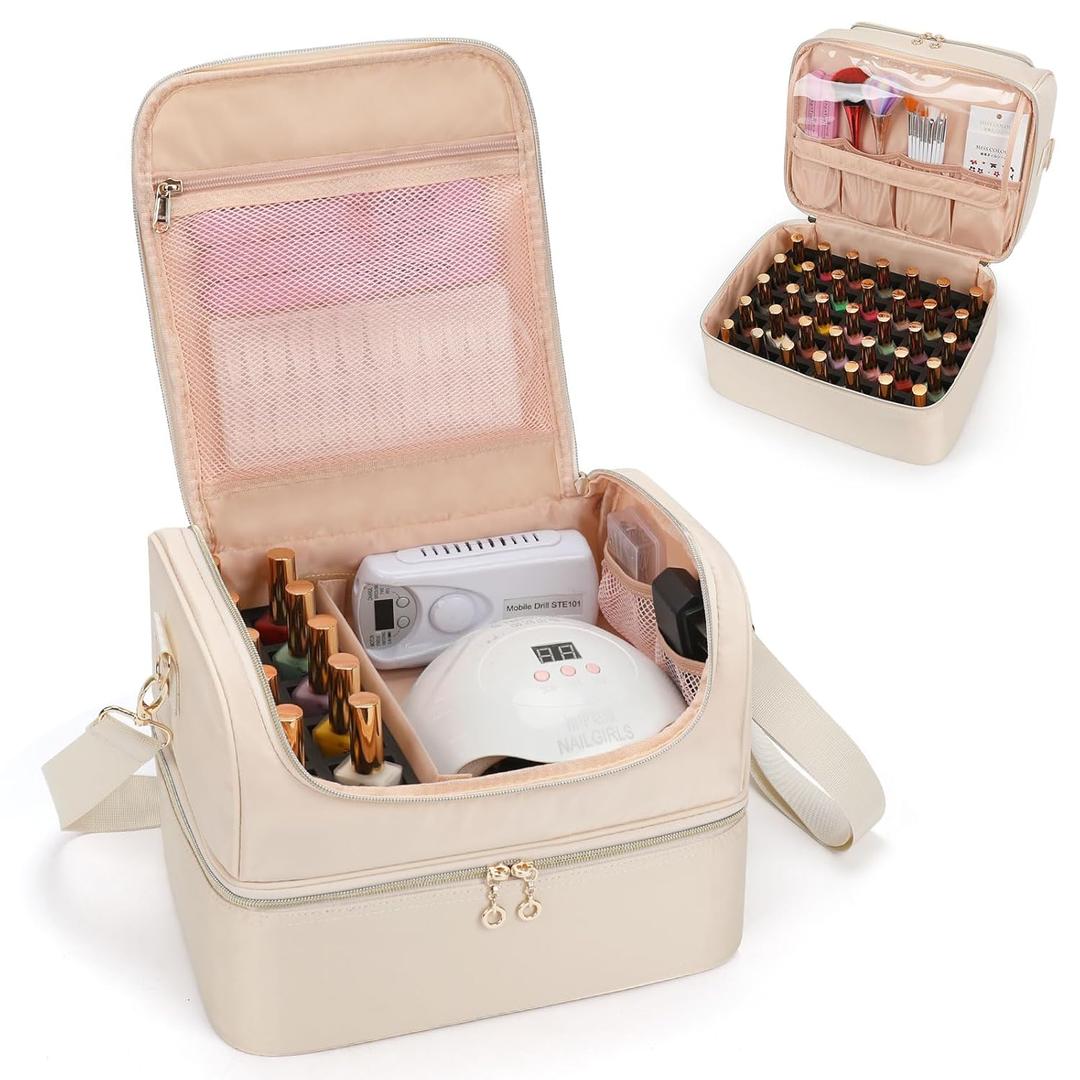 CUBETASTIC Nail Polish Organizer, Portable Nail Polish Storage Case Holds 45 Bottles Nail Polish & Nail Lamp, Travel Nail Supplies Organizer for Nail Tech Kit & Manicure Tools (White, 45 Slots)