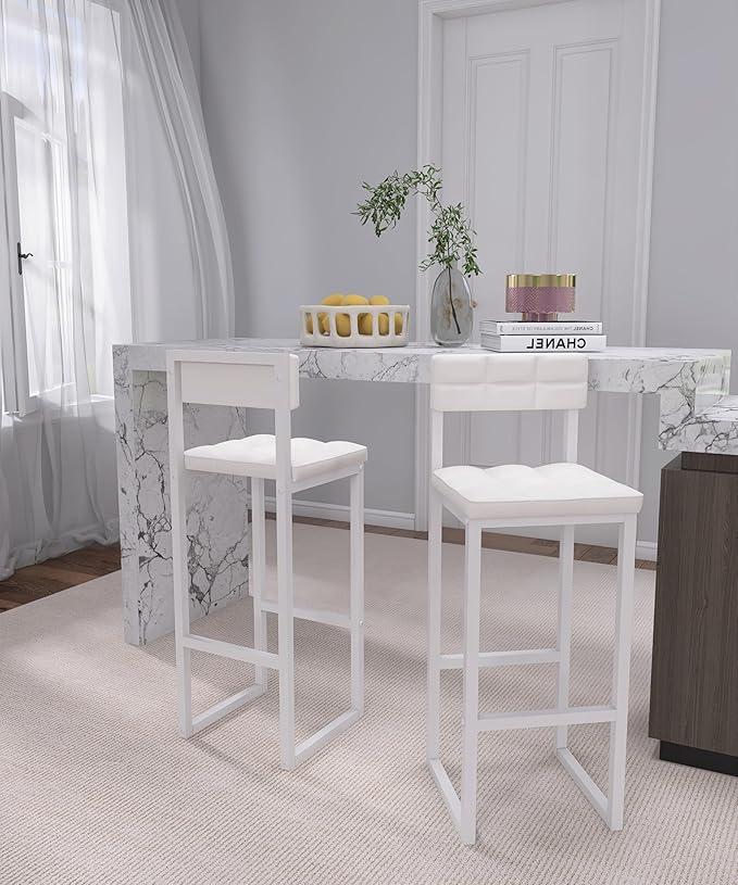 Bar Stools Set of 2, 27" Counter Height BarStools with Back and Footrest, Upholstered PU Leather Seats, Easy Assembly Bar Chairs for Kitchen Island, Dining Room, White Metal Frame, Cream-Colored