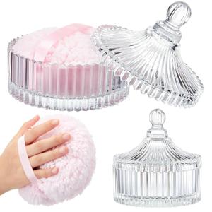 Tioncy 2 Pcs Extra Large Dusting Powder Puff and Container for Women-6'' Glass Crystal Dusting Powder Container with Body Soft Washable Reusable Velour Face(Clear,Classic)