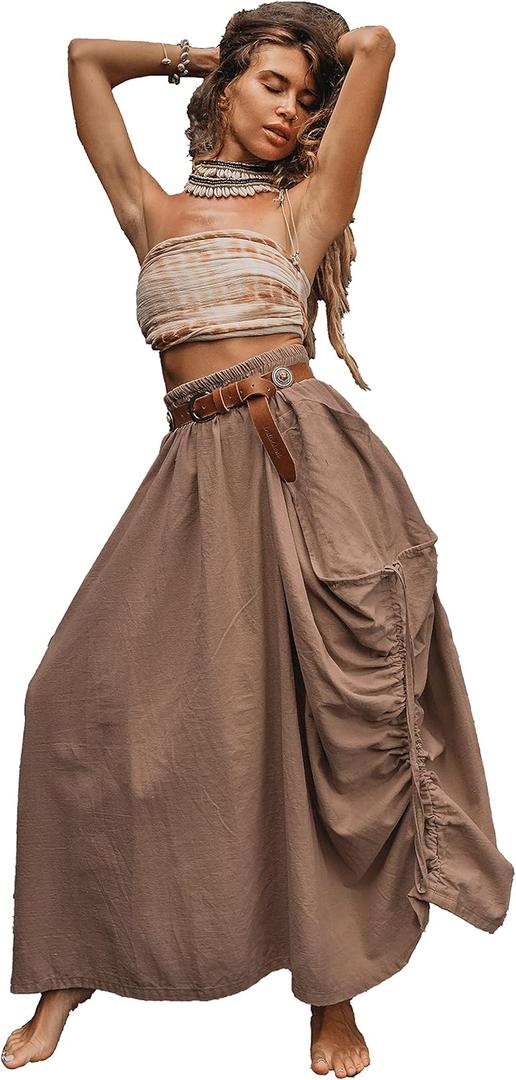 Thaluta Women's Maxi Boho Skirt with Pockets Bohemian Organic Cotton Hippie Gypsy, One Size