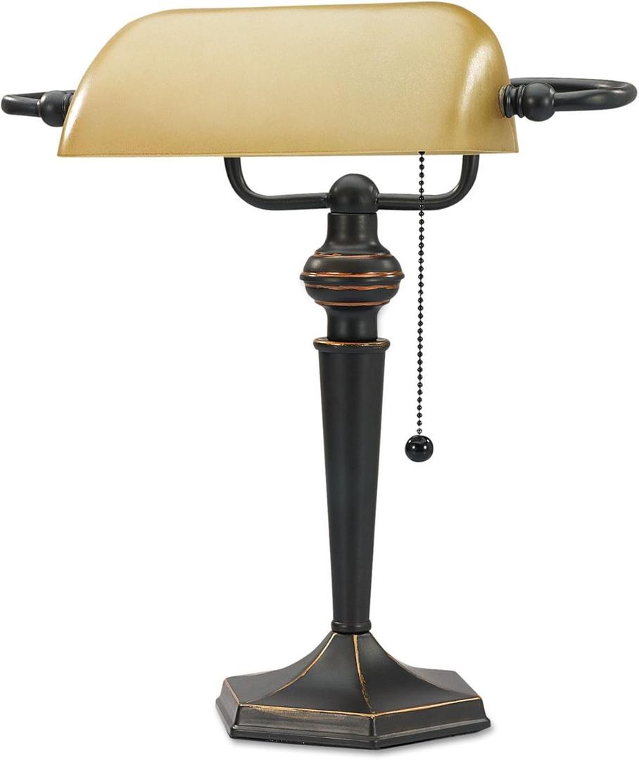 Alera ALE Traditional Banker's Lamp, 16"High, Amber Shade with Antique Bronze Base