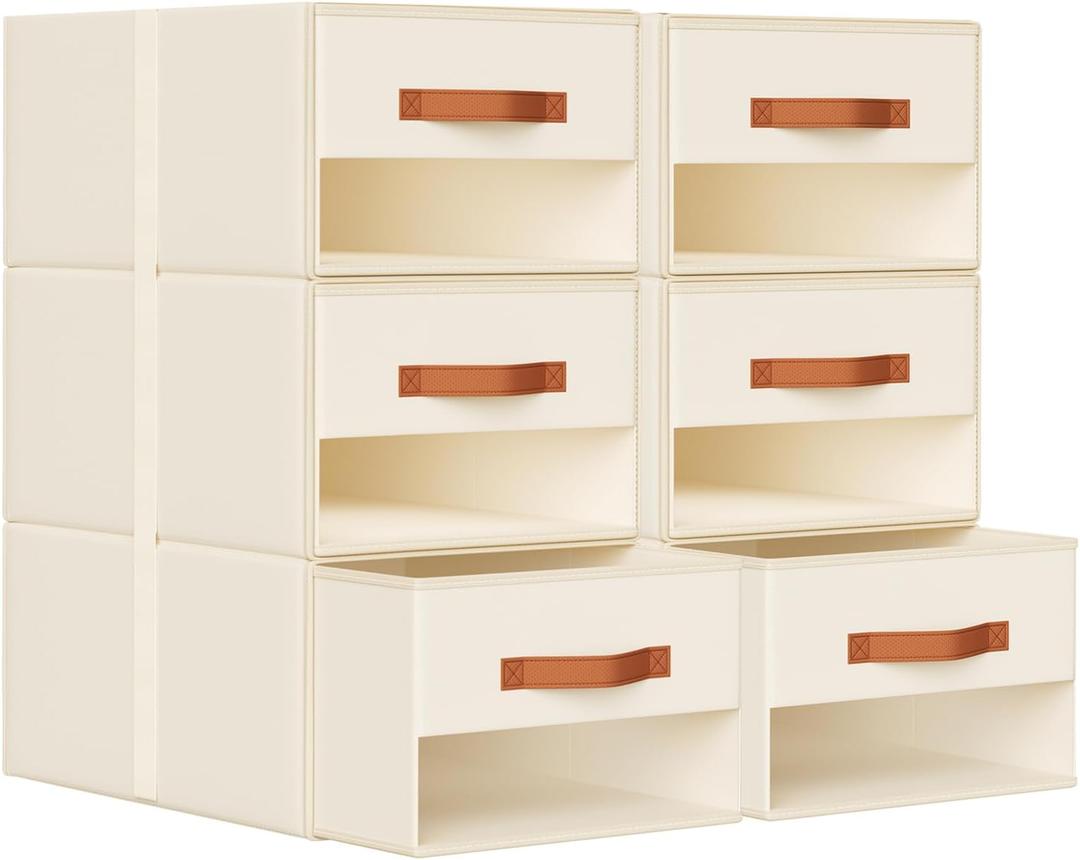 DIMJ Closet Organizers and Storage - Pull-out Fabric Bins with Drawers for Closet Foldable Clothes Organizers with Clear Window, Stackable Storage Drawers for Bedroom,Living Room,Shelf,6-Pack, Beige