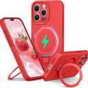 Liquid Silicone Case for iPhone 15 pro with Magnetic Ring Stand, Upgraded Camera Lens Protection, Mil-Grade Drop Shockproof, Anti-Scratch Microfiber Lining Silicone Case, Red 