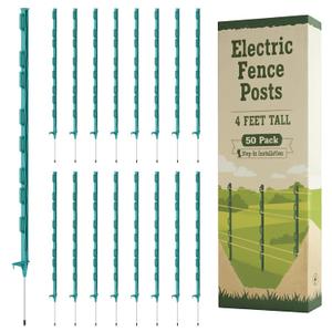 Houseables Electric Fence Posts, Step in Fence Post 4FT, Electric Fencing, Garden Stakes, Garden Poles, Kit for Wire, Deer, Livestock, Temporary, Fiberglass, Plastic, Green, Ground Rod, 4 Feet, 50 PK
