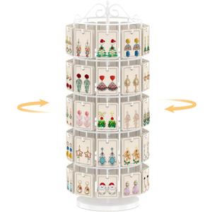 EsLuker.ly Earring Holder Organizer Rotating Display Tree Stand, Adjustable Height Earring Card Hanger Rack with 50 Hooks for Vendors Market Selling, 5 Tier Metal Jewelry Storage Tower, White