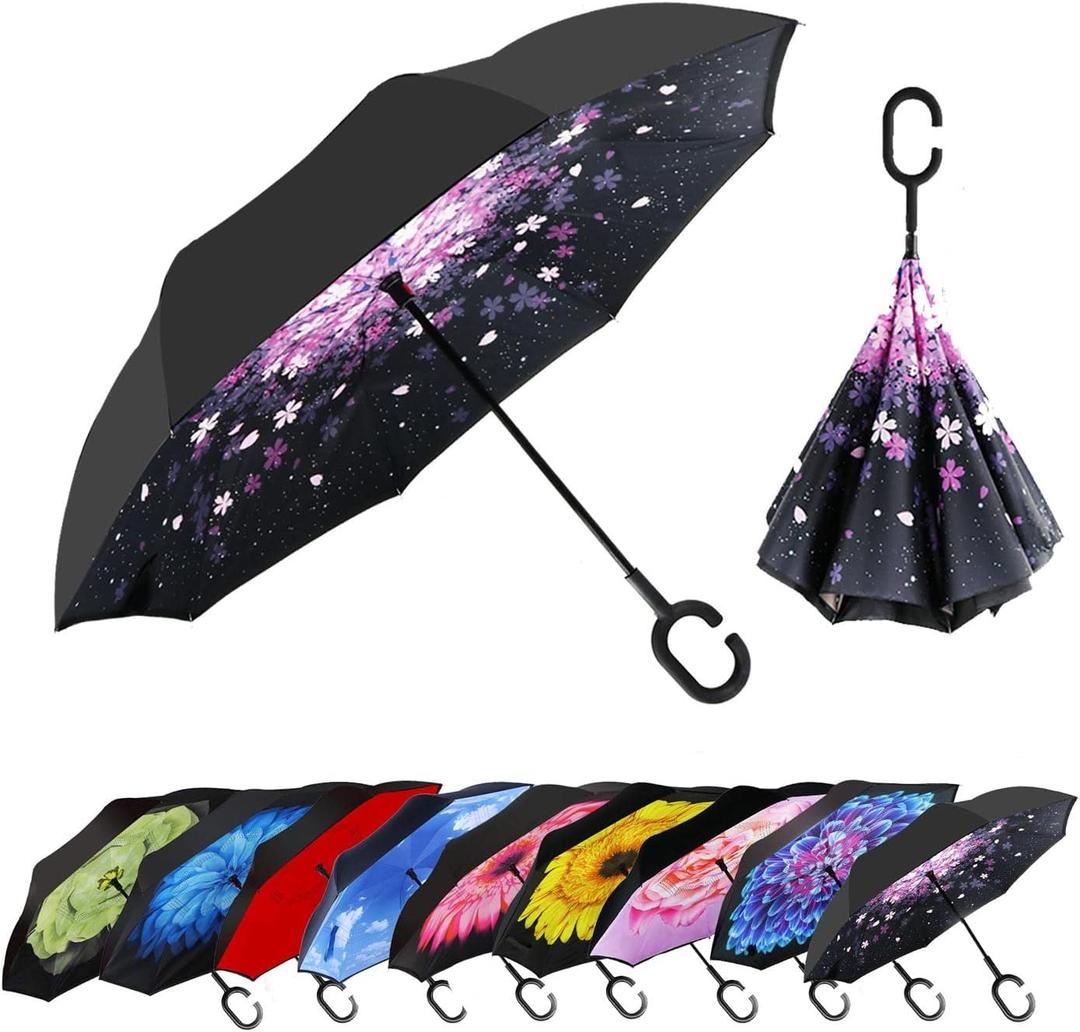 MRTLLOA 40/49/56 Inch Oversize Windproof Inverted Reverse Upside Down Umbrella, Golf Size Rain Umbrella, Double Layer, C-Shaped Handle for Men, Women and Kids