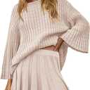 Yanekop Womens 2 Piece Sweater Skirt Set Loose Matching Lounge Sets Comfy Pajamas Set Long Sleeve Top and Skirt Sets (Beige, L)