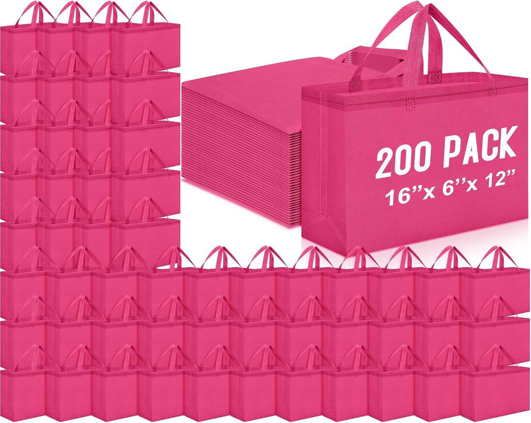 Windyun 200 Pcs Reusable Grocery Bags Large Shopping Tote Bulk, Rose Red, 16x6x12 Inch
