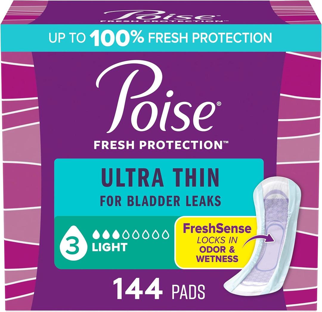Poise Ultra Thin Incontinence & Postpartum Pads for Bladder Leaks, 3 Drop Light Absorbency, Regular Length, 144 Count 