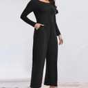 Womens Casual Jumpsuits One Piece Loose Stretchy Long Sleeve Fall Jumpsuit Wide Leg Long Pants Rompers with Pockets (Black, L)