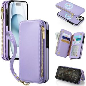 Antsturdy 2 in 1 Detachable for iPhone 15 Plus Wallet case with Magsafe,RFID Blocking Magnetic Wireless Charging PU Leather Phone case Flip Folio Cover Card Holder Wrist Strap Women Men,Light Purple
