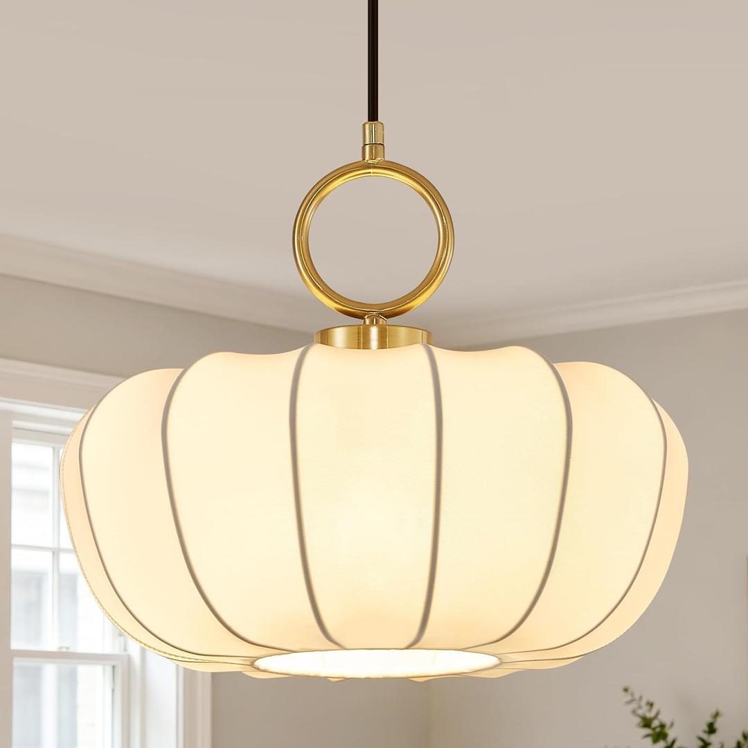 Farmhouse White Lantern Pendant Light,13" White Imitation Silk Lampshade,Adjustable Cord Modern Light Fixture Chandelier for Dining Room Kitchen Island Bedroom Entryway Hallway E26 Base