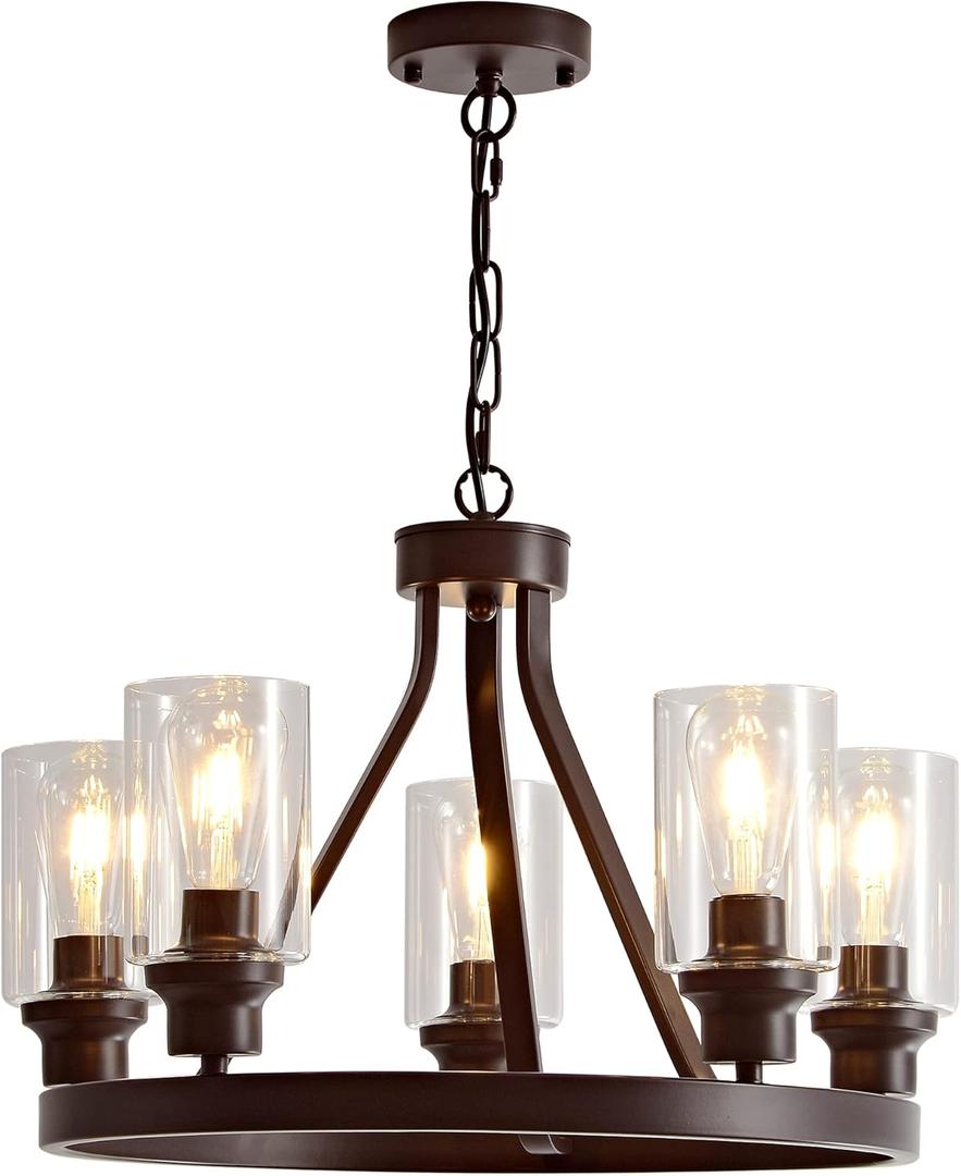 Farmhouse Chandelier Lighting Round 5 Lights Oil Rubbed Bronze with Glass Shade Ceiling Hanging Vintage Rustic Light Fixture for Dining Room Living Room Foyer Porch Kitchen Island