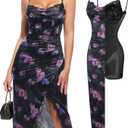 Popilush Shapewear Corset Dress Women's Satin Ruched Midi Dress Cocktail Date Night Classy Dresses with Lace Trim Bra, Size Large