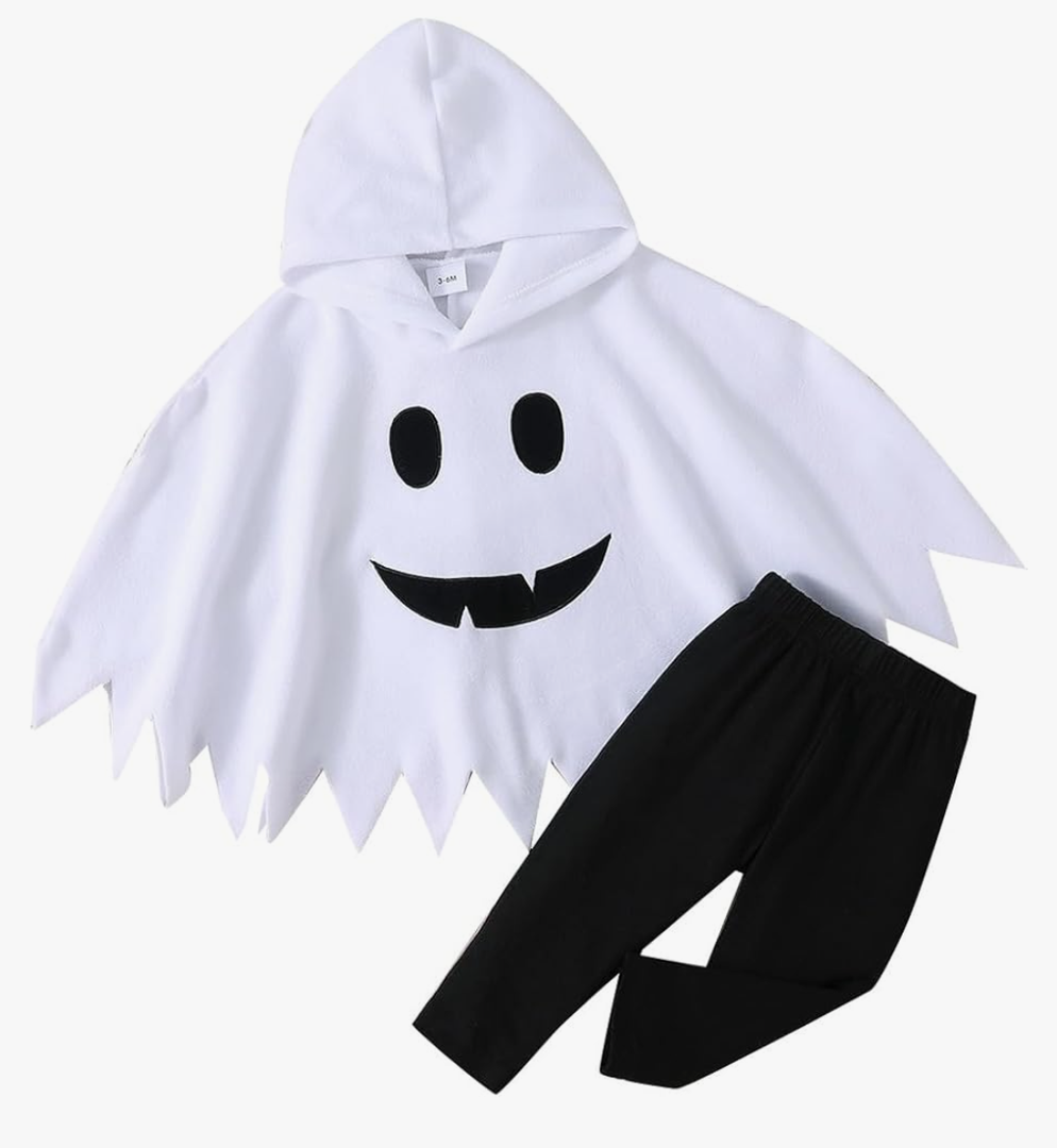 Noubeau Toddler Baby Boys Girls Halloween Costume Ghost Cloak Hooded Top Black Pants Boo Spooky Ghost Costume Cosplay Clothes, 12-18M