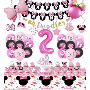 Pink Mouse 2nd Birthday Party Supplies, Oh Twodles Girl Second Party Decorations Includes Happy Birthday Banner, Hanging Swirls, Tablecloth, Cake Cupcake Toppers, Bow Foil Balloon, Latex Balloons