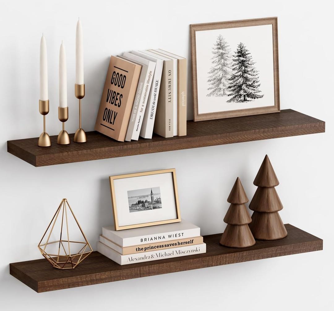 Harwaya 36 Inch Floating Shelves for Wall Set of 2, Large Long Wall Shelves for Living Room Decor, Walnut Brown Wooden Hanging Shelves for Bedroom Kitchen Bathroom Office Books Pictures (Dark Wood)