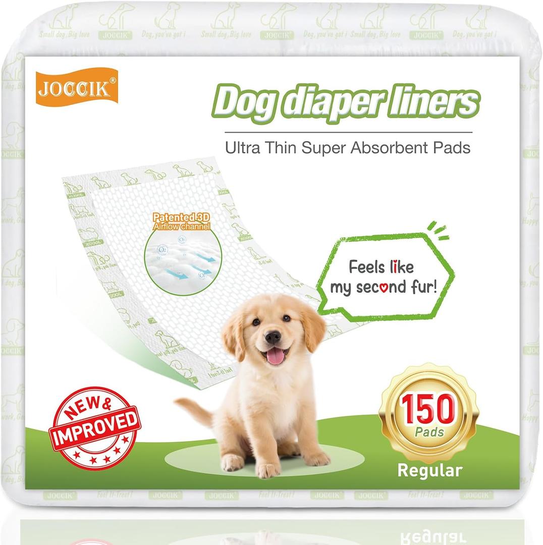 Dog Diaper Liners, 150 Count, Super Absorbent Booster Pads for Male and Female Dogs, Ultra-Thin and Breathable, Regular
