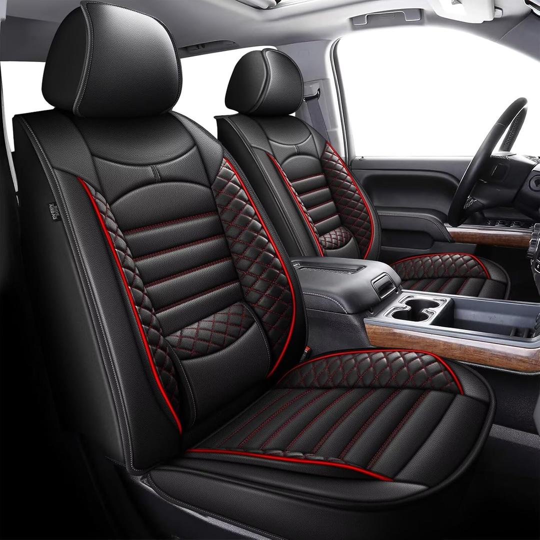 AOMSAZTO 2 Front Seat Covers Custom Fit for 2007-2024 2025 Chevrolet Chevy Silverado GMC Sierra 1500 2500HD 3500HD Leather Truck Car Seat Covers (Black  &Red)