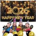 Katchon, Xtralarge Happy New Year Banner - 72x44 Inch | Happy New Year 2026 Banner for New Years Decorations 2026 | NYE Backdrop for New Years Eve Party Supplies 2026 | NYE Decorations 2026 (Gold and Black Clock)