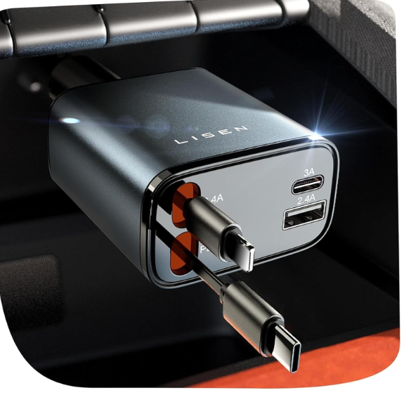 LISEN Retractable Car Charger, for Valentines Day Gifts for Him Her, 69W Cars Adapter USB C Fast Charger for iPhone 17 14 11, Car Accessories Gadgets for Men, Anniversary Birthday Gifts for Men Women