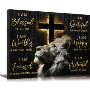 Motivational Lion Cross Canvas Wall Art Cross Christian Lion Wall Decor Pictures Painting Inspirational Affirmations Posters Prints Artwork for Living Office Home Decoration 16x24in