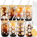meekoo 8 Pcs Christmas Glass Cups with Bamboo Lids and Straws 16 oz Beer Can Shaped Iced Coffee Drinking Cup Employee Appreciation Gift for Wine Tea Water, 4 Cleaning Brushes(Daisy)