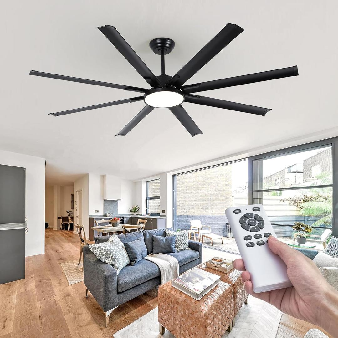 74 inch Ceiling Fans with Light, Large Ceiling Fan with Light-8 Aluminum Blades Reversible Quiet DC Motor, Living Room Ceiling Fan 3 Colors Light and 6 Speeds Wind (Black)