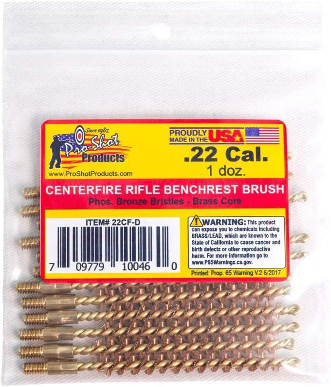 Pro-Shot Rifle Bore Brush Dozen Packs: .22 Cal. Centerfire Brass Brushes with Bronze Bristles, Gun Cleaning Kit Essentials for Rifle Maintenance, Gun Cleaner with Packs of a Dozen Cleaning Brushes