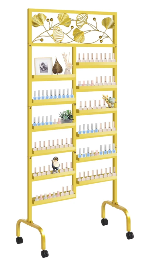 EBANKU Metal Nail Polish Racks, 12 Tiers Metal Nail Storage Racks with Wheels Gold Nail Polishes Display Rack Cosmetic Display Case Nail Polish Shelf Essential Oil Organizer for Nail Salon Shop