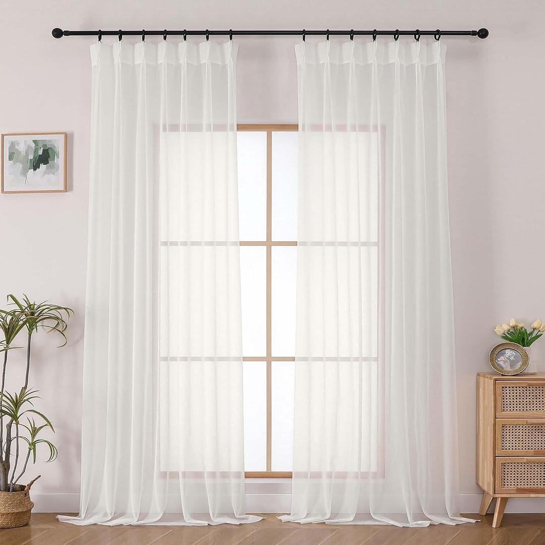 OWENIE Ivory Pinch Pleated Sheer Curtains 90 Inches Long for Bedroom Living Room, Modern Soft Airy Solid Light Filtering Window Curtains, Pinch Pleated Sheer Window Treatments, Ivory, Each 40x90 Inch