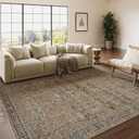 Bavni Washable Rugs 8x10 Area Rug for Living Room Bedroom, Washable Brown Rug Vintage Print Carpet, Ultra-Thin Chenille Low Pile Lightweight Mat with Non Slip Backing, Warm Taupe