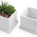MyGift Modern White Ceramic Small Plant Pot, Decorative Square Flower Succulent Planter, Set of 2