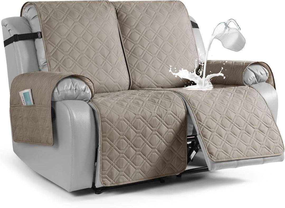 VANSOFY Waterproof Recliner Couch Covers, Sofa Covers 1-Piece Washable Reclining Sofa Cover Non-Slip Furniture Protector with Elastic Straps Pocket for Dogs, Pets(Khaki,Oversized 2 Seater)