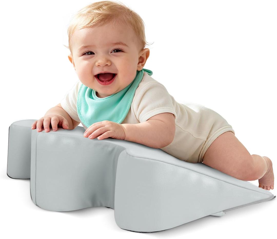 EKEPE 2026 Upgraded Nursing Reflux Prop with Leather Cover for Baby Gas, Colic Relief & Burp, Memory Foam Tummy Time Prop for Infant 0-12 Months Feeding, Neck, Shoulder and Body Support - Grey