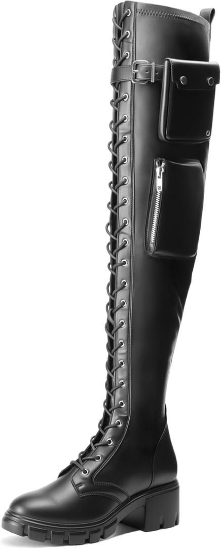 JustFab Thigh High Boots for Women - Black Faux Leather Over-the-Knee Boots with Chunky Heel - Jordane (12)