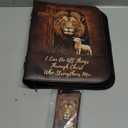Faux Leather Bible Cover Church Bible Bag with 2 Pcs Bookmarks Brown Cross Lion Lamb Print Book Covers Carrying Bible Case with Zippered Pockets for Prayer, 2XL (XX-Large)