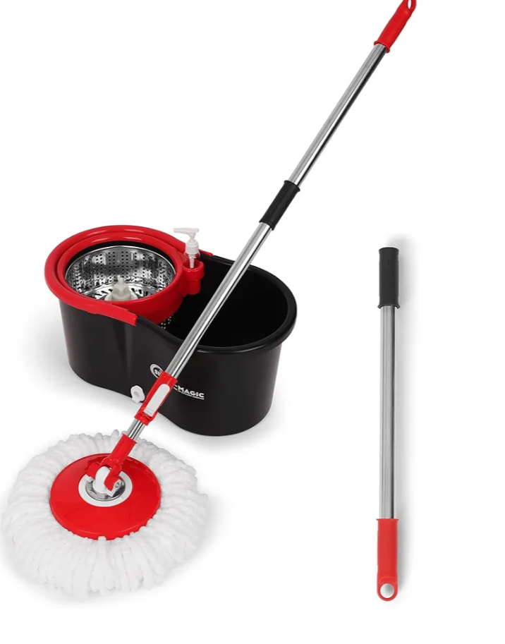 Simpli-Magic 360° Spin Mop and Bucket with Wringer – High-Absorbent Microfiber Washable Heads – Spinning Mop and Bucket Set for All Types Floor Cleaning (Grey)