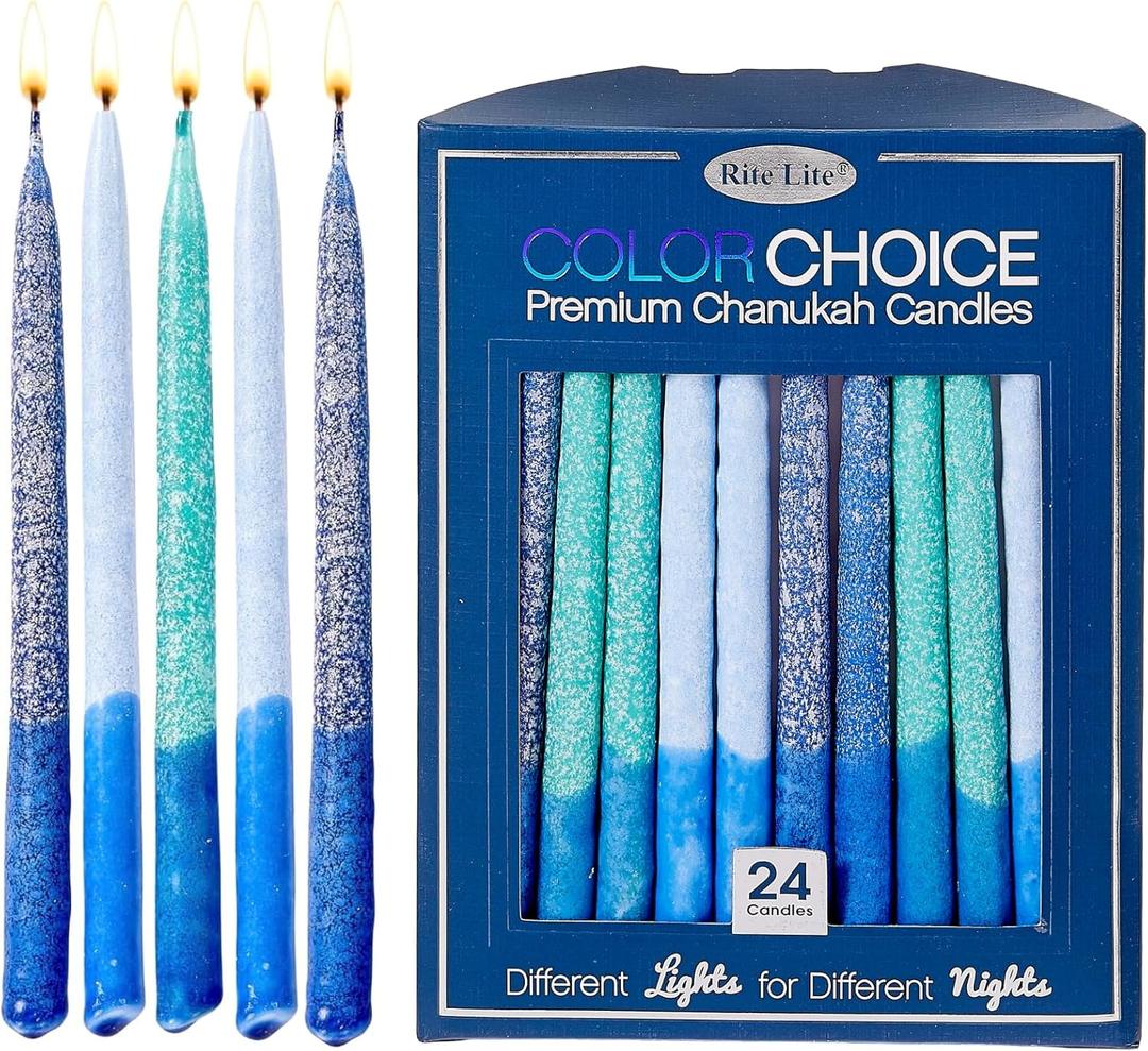 Dripless Hanukkah Candles Rite Lite | Blue & Teal Frosted Chanukah Bulk Colorchoice 24 Pack | Standard Size Menorah Premium Quality Wax Jewish Holiday Party Gifts Decorations
