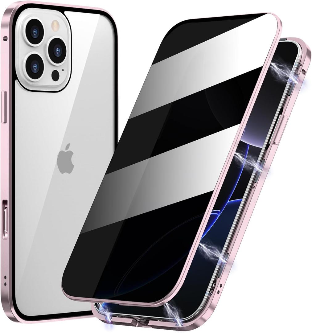 Magnetic Privacy Case for iPhone 16 Pro Max, Anti peep Magnetic Adsorption Double Side Tempered Glass Full Body Case Privacy Screen Protector Metal Titanium Frame Clear Back Phone Case Cover Pink