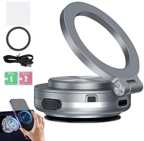 Pack of 2 Electric Vacuum Magnetic Car Phone Mount, 360° Rotatable Car Suction Phone Mount, Vacuum Magnetic Phone Holder, Strong Suction for Car & All Smooth Surface,Compatible with All Phone Types (Silver)